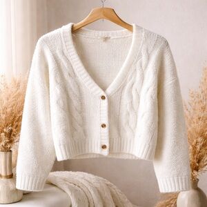 Z Supply Fuzzy Cable Knit Cropped Cardigan Cream White Cozy Soft Size Large